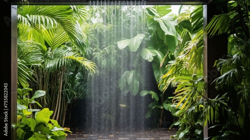 A soothing rain shower in a tropical garden