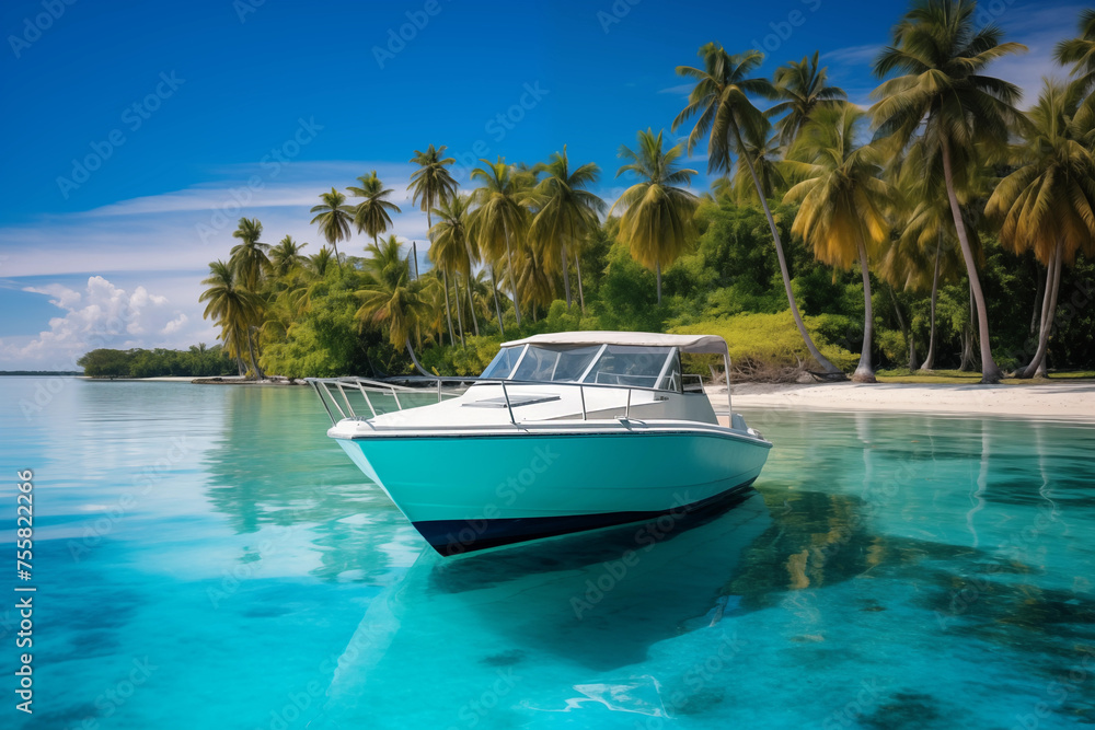 Fototapeta premium Luxury motorboat anchored by secluded island with crystal-clear water. Generative AI