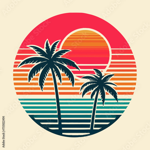 Set of retro sunsets in 80s and 90s style. Abstract sun at beach background with sunny vector and t-shirt design