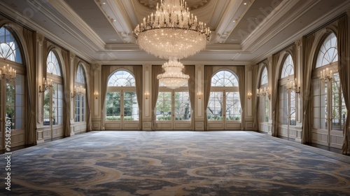 An elegant ballroom with crystal chandeliers for formal occasions © Cloudyew