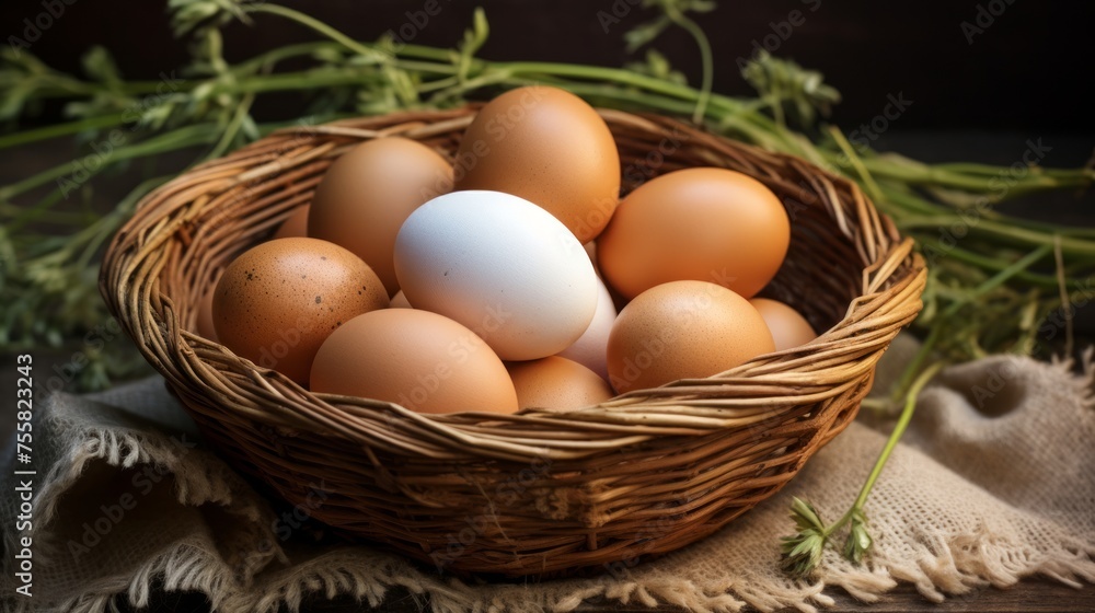 Many fresh organic eggs in a large basket. Neural network AI generated art Many fresh organic eggs in a large basket. Neural network AI generated art