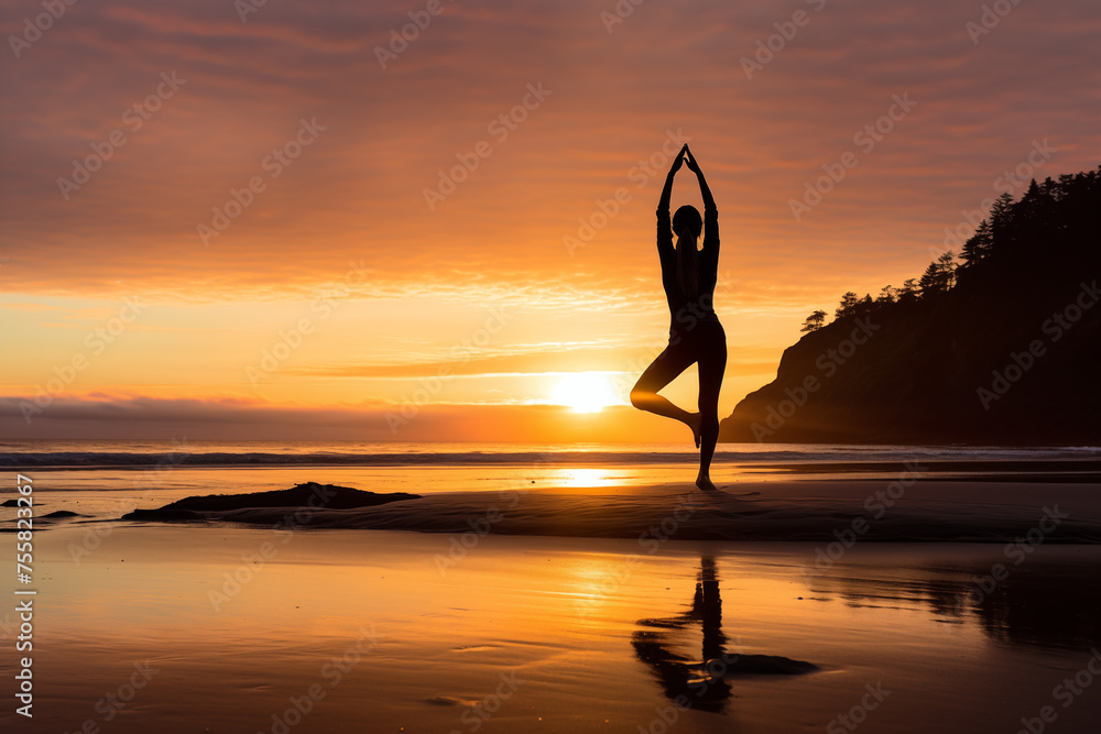 Charming woman practicing yoga on peaceful beach at sunrise. Generative AI