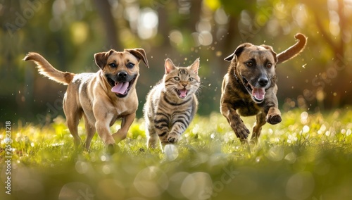 cute dogs and one cat running on the grass all happy to be playing together Generative AI photo