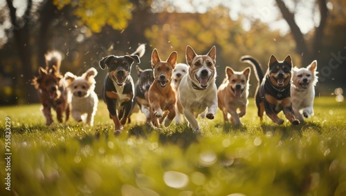 A group of happy dogs and cats running in the park all looking at the camera smiling for a cute pet photography shot on a sunny day with a green grass background Generative AI photo