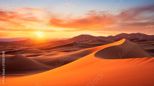 Desert landscape with sand dunes as the sun sets in the background