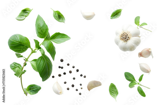 Top view of Herbs and spices isolated on background, ingredients for cooking food, healthy vegetables food, high fibers and vitamins.