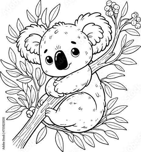 Koala sur une branche d'arbre avec feuilles, personnage animal a colorier, dessin idéal pour livre et activité de coloriage enfant pendant les vacances. Dessin au trait.