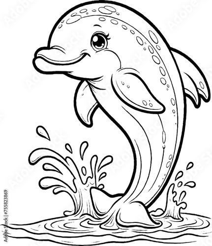 Dauphin et eau, personnage animal a colorier, dessin idéal pour livre et activité de coloriage enfant pendant les vacances. Dessin au trait.