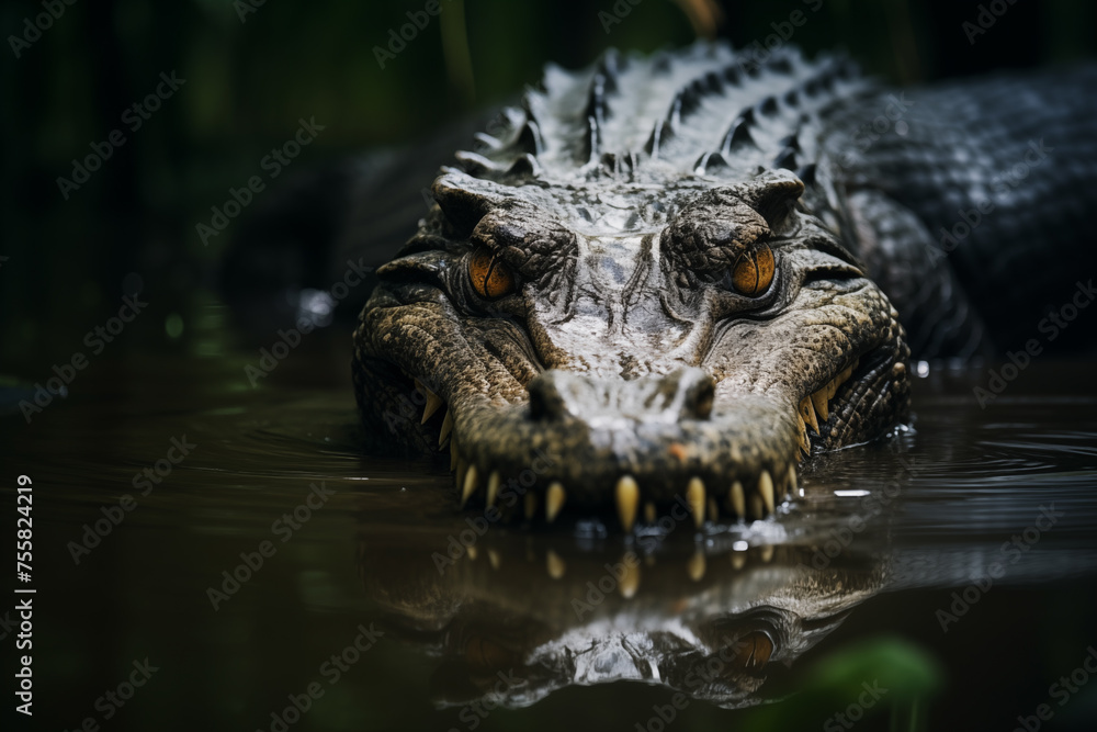 Fototapeta premium Crocodile hunting stealthily in the murky depths of a swamp. Generative AI
