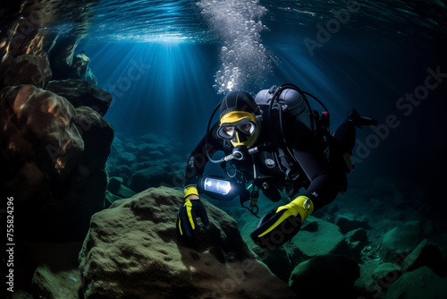 Diver exploring a deep underwater cave system with unique rock formations. Generative AI