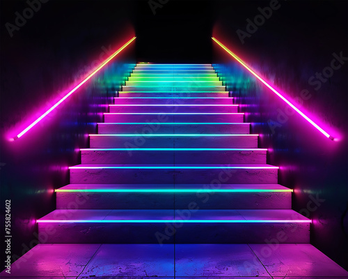 A neon rainbow staircase that leads to nowhere embody