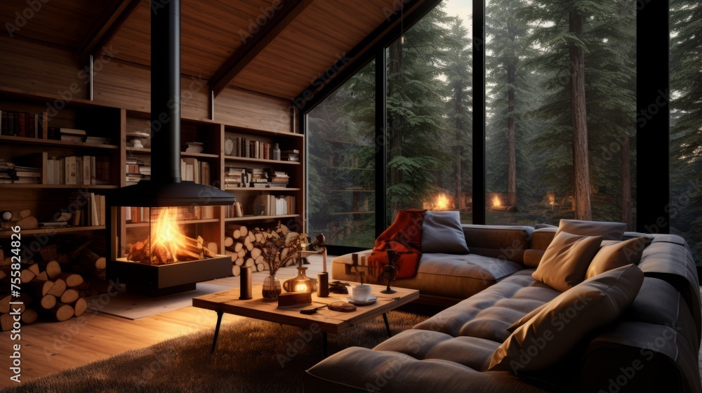 Tranquil forest cabin with a fireplace and warm interior