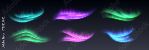 Northern lights, aurora borealis effect, realistic glowing lights overlay. Vector decoration.
