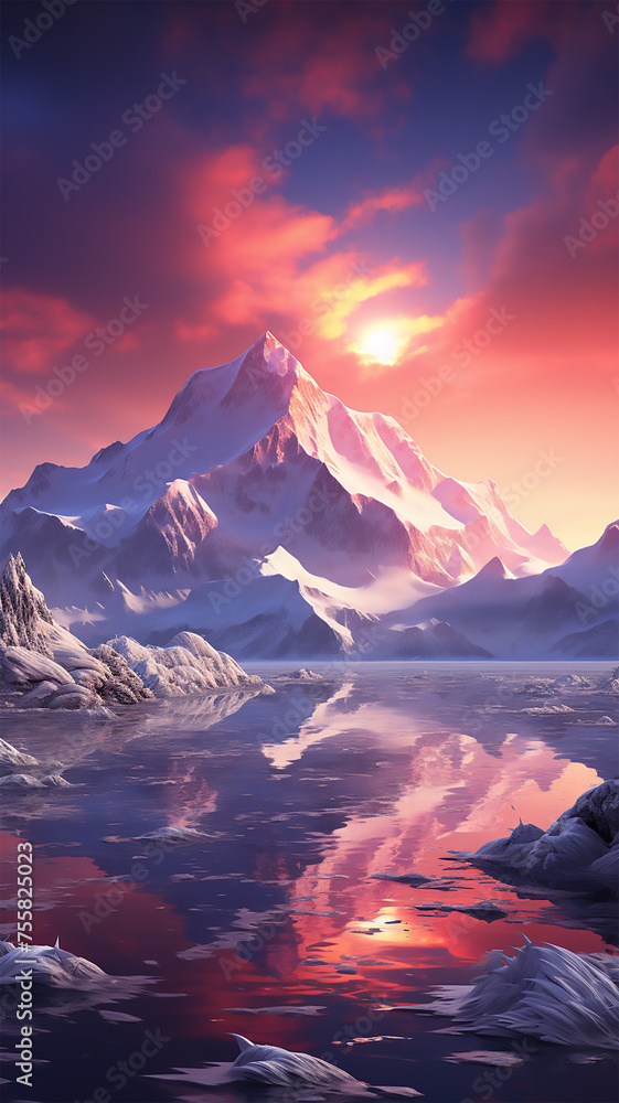 Snow-covered mountains reflecting the colors of the sunset