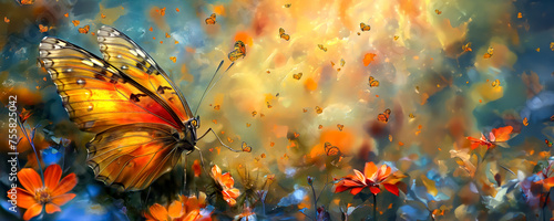 A colorful butterfly surrounded on a field of flowers