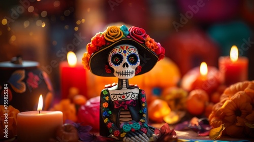 Day of the dead catrina figurine in a festive setting