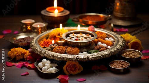 Decorated diwali puja thali with offerings