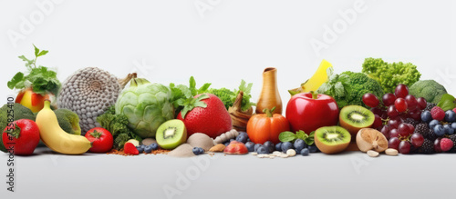 fruits vegetables and grains gray background