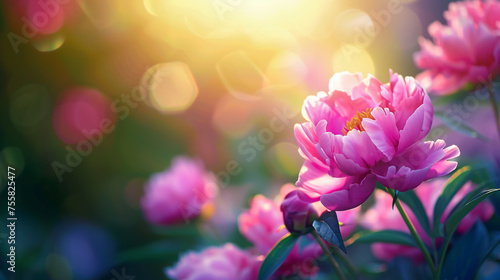 Beautiful pink peonies bloom in the sunset light against bokeh background. Garden design. © Tanya