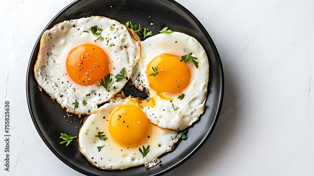Fried eggs with parsley on black plate over white background. Fried eggs with parsley on black plate over white background.