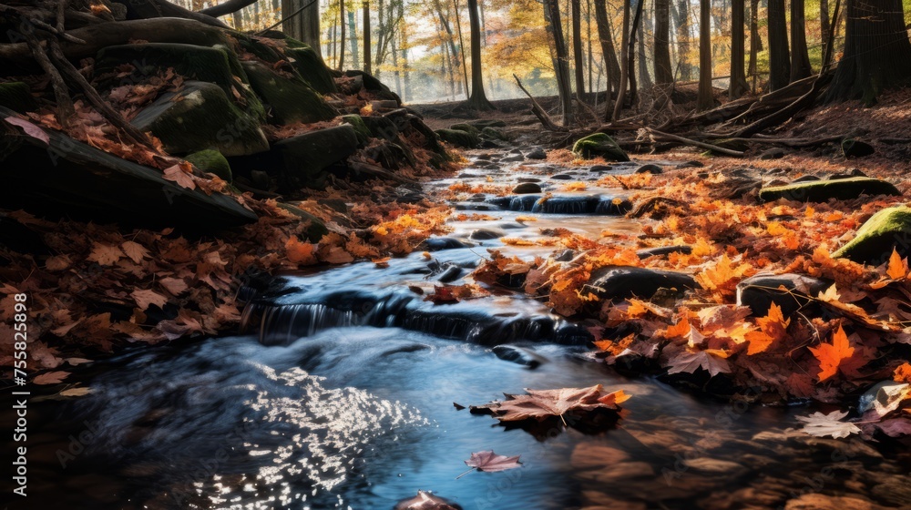 Fototapeta premium Fallen leaves along a forest stream