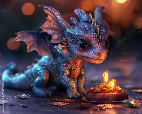 A baby dragon with iridescent scales learning to breathe fire