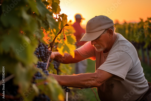 Vineyard owner carefully pruning grapevines in the soft light of dawn, ensuring a bountiful harvest. Generative AI
