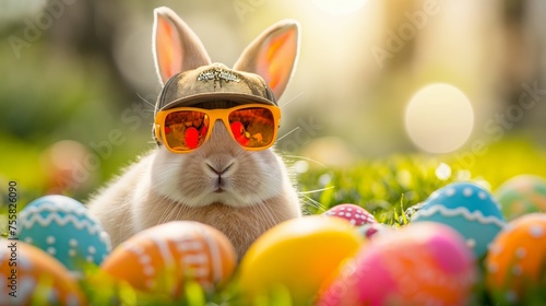 funny Easter bunny with sunglasses and cap sits in the grass with colourful Easter eggs