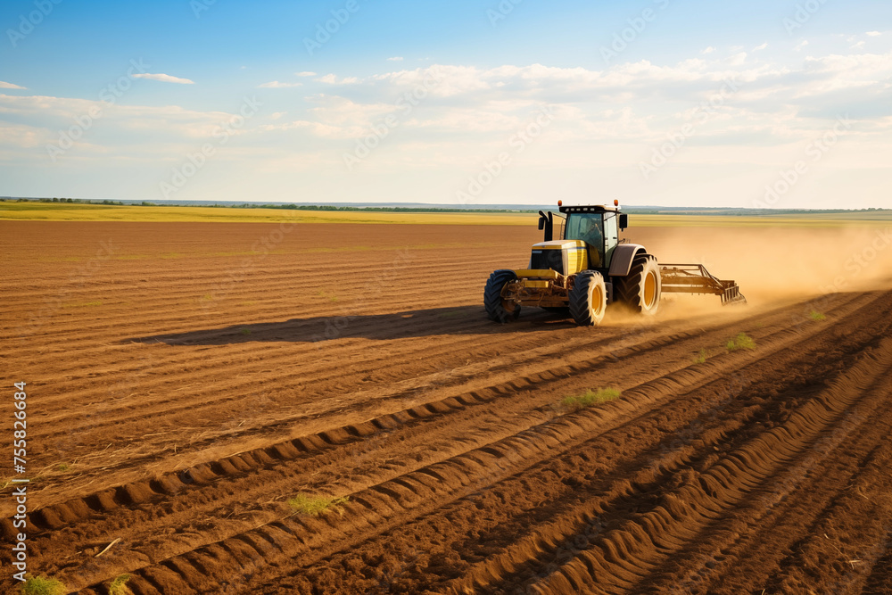 Fototapeta premium Farmer driving a tractor across endless golden fields. Generative AI