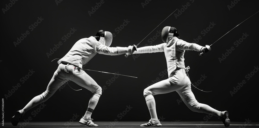 Fencing athletes engaged in a strategic duel, high-contrast black and white image.