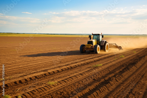 Farmer driving a tractor across endless golden fields. Generative AI