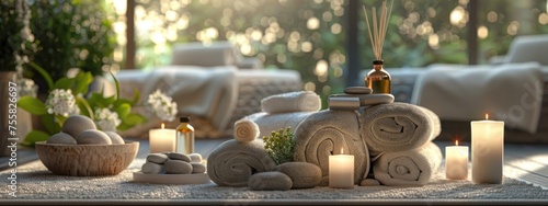 Spa background towel bathroom white luxury concept massage candle bath. Bathroom white wellness spa background towel relax aromatherapy flower accessory zen therapy aroma beauty setting table salt oil photo