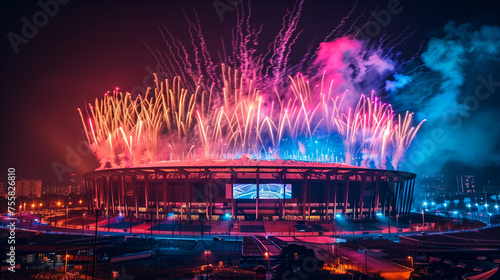 Ilustración creada con IA sobre la inauguración de los futuros juegos olímpicos de francia 2024. Estadios con fiesta, luces y fuegos artificiales en la noche. photo
