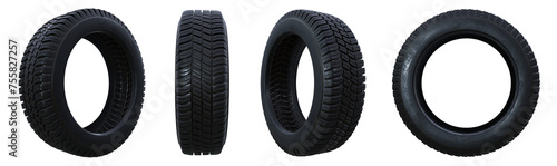 Generic car tire from different angles isolated on transparent background. 3D rendering
