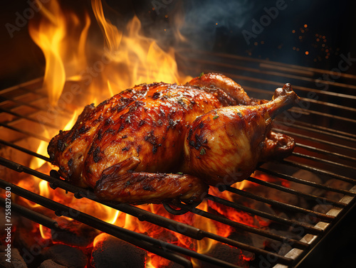 Chicken legs on a grill with a fire in the background