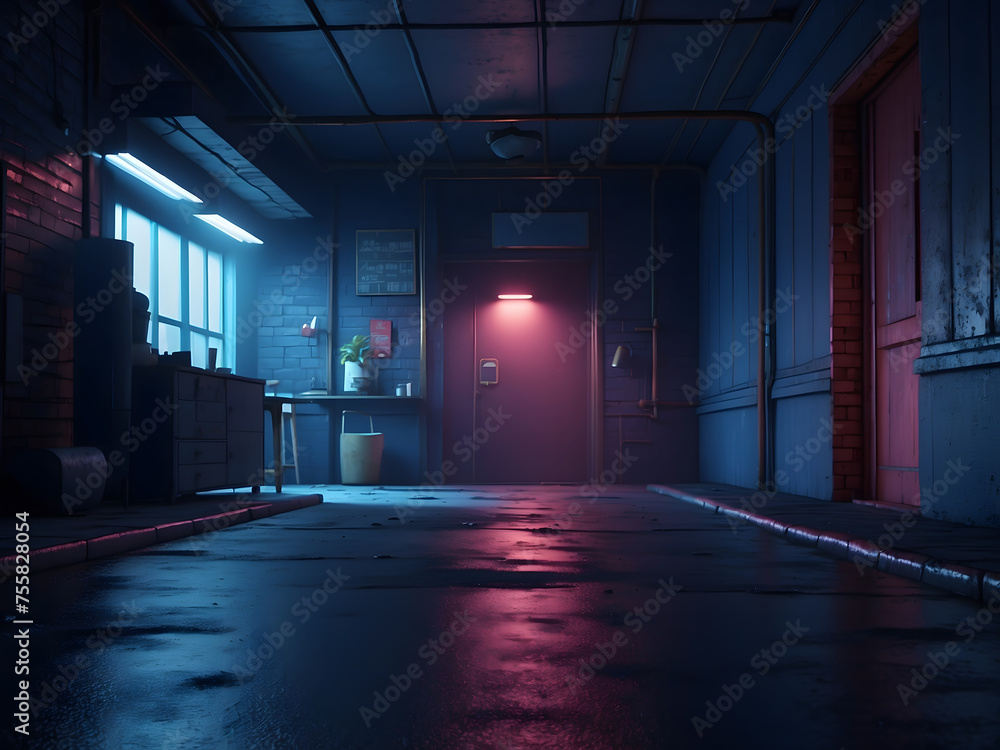 A dark empty street, dark blue background, an empty dark scene, neon lights, and spotlights The asphalt floor and studio room with smoke float up the interior texture. night view design.