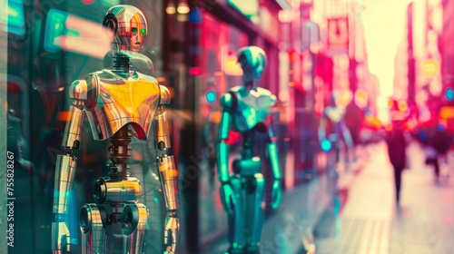 Humanoid robots walking down a busy street, future city life concept. Artificial intelligence and robotics in urban environments photo