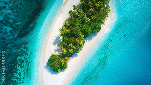 Aerial cut photo showing palm trees on an uninhabited island over the blue sea