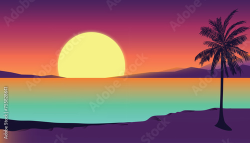 Cartoon flat panoramic landscape, sunset with the palms on colourful background. © Rezki Ramayani
