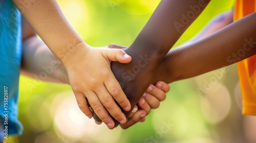 Group of happy diverse children stacking hands. Concept of unity in diversity and teamwork among kids. Bright outdoor shot for educational and social themes