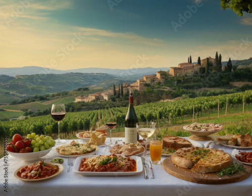dinnertable full of italian food and drinks situated in a valley in the toscana . photo