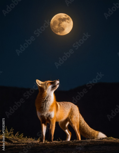 fox barking at moon. back lighting. rule of thirds