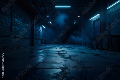 A dark empty street, dark blue background, an empty dark scene, neon lights, and spotlights The asphalt floor and studio room with smoke float up the interior texture. night view design.