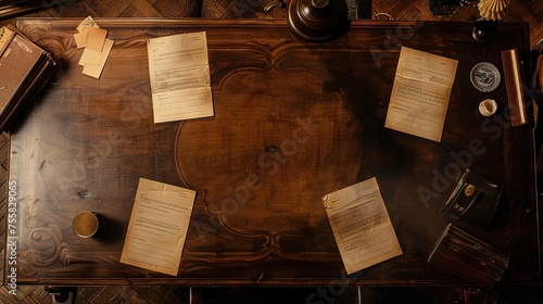 an overhead photo of a desk from a movie set in 1910, with neat pieces of blank paper on it. The center of the desk is clear and shows the wood texture