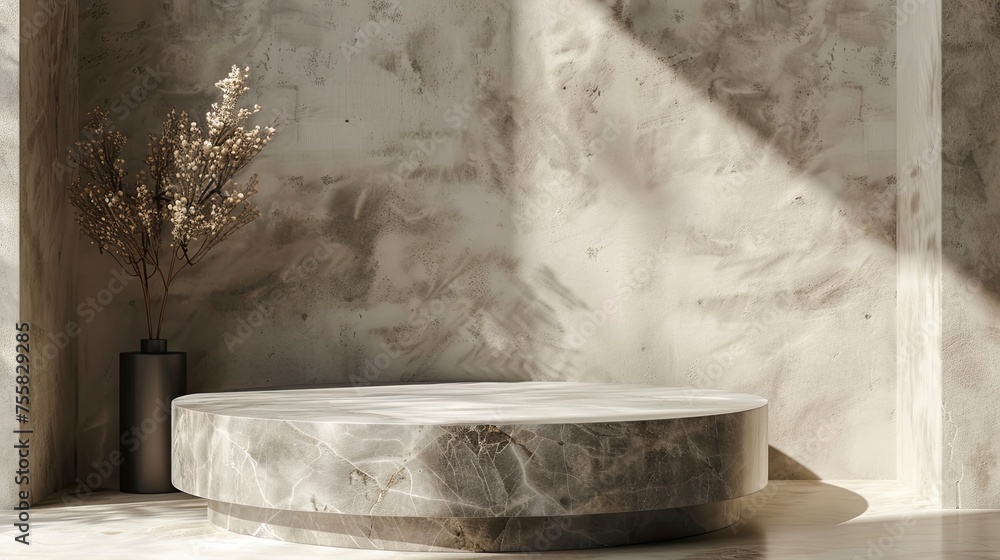 Stone podium for display product. Background for cosmetic product branding, identity and packaging - generative ai Stone podium for display product. Background for cosmetic product branding, identity and packaging - generative ai