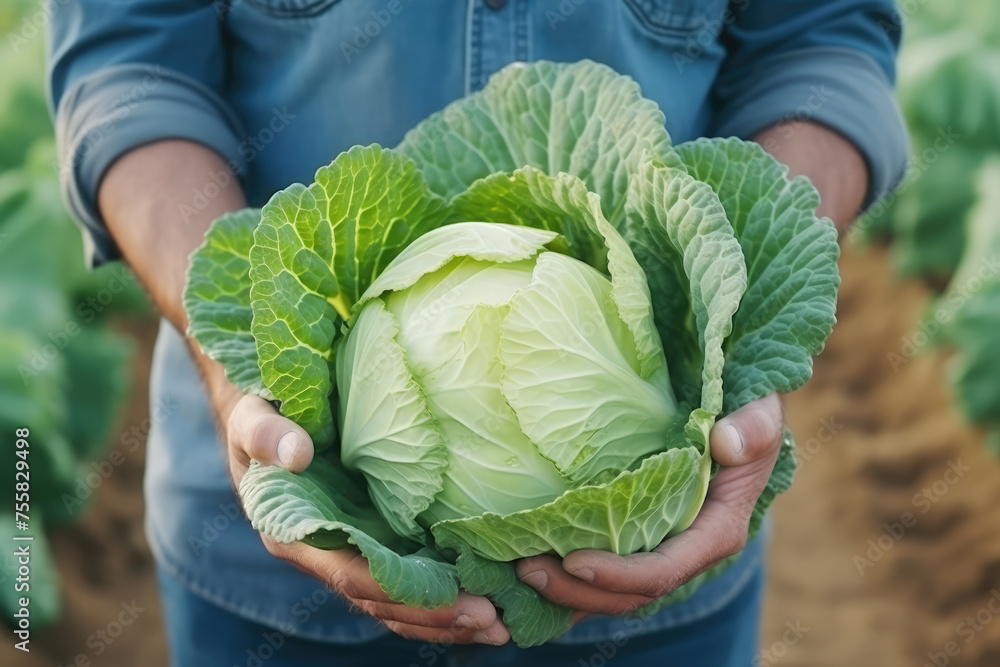 A gardener presents a large, healthy head of cabbage with care, representing fresh produce and the rewards of diligent gardening. - obrazy, fototapety, plakaty 
