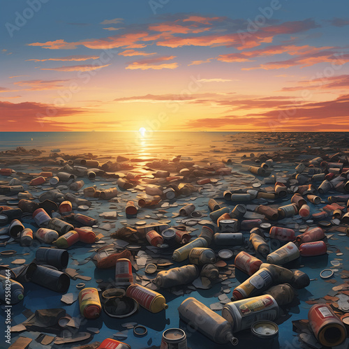 An artwork depicting a polluted ocean at sunset with litter strewn beach.