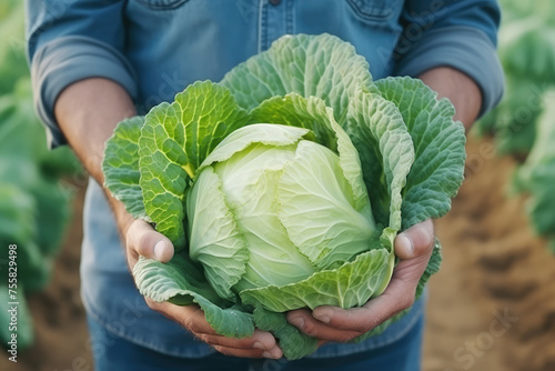 A gardener presents a large, healthy head of cabbage with care, representing fresh produce and the rewards of diligent gardening.