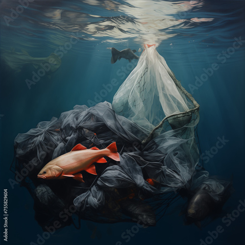An illustration of a fish caught in a trash bag and fishnet in the sea.