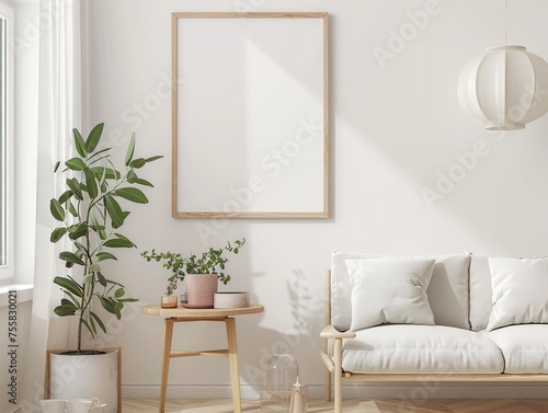 A blank light wooden 4:3 frame mock up, plain surface, clean background, living room setting, good lighting